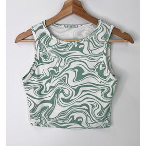 Romwe Abstract Crop Top Sleeveless Crew-Neck Ribbed Green White Small